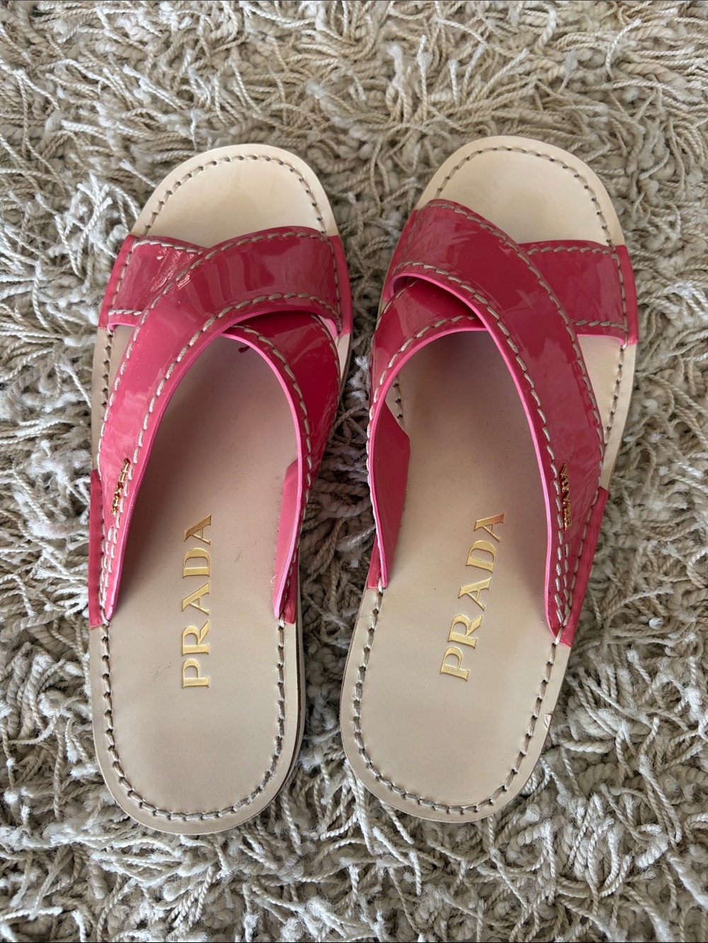 Prada Pink Patent Leather Crisscross Slide Sandals